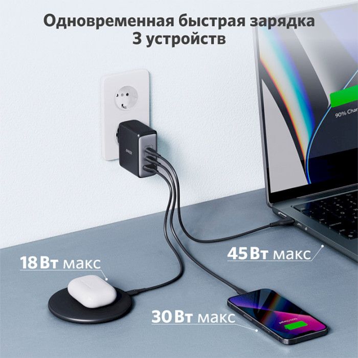 Мережевий зарядний пристрій Anker PowerPort 736 Nano II Black, GaN 100W (A2145G11)