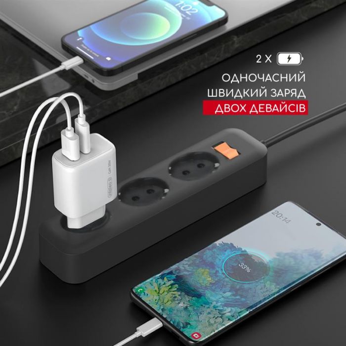 Мережевий зарядний пристрій Intaleo TCG30GAN USB-C PD+USB-A QC 3.0 White (1283126578274)