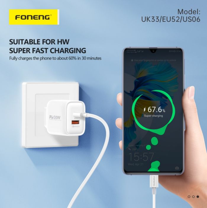 Мережевий зарядний пристрій Foneng EU52-CH PD 30W (1xUSB, 1xType-C) White