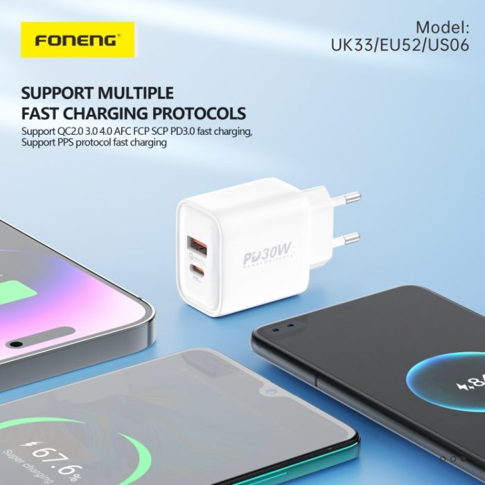 Мережевий зарядний пристрій Foneng EU52-CH PD 30W (1xUSB, 1xType-C) White