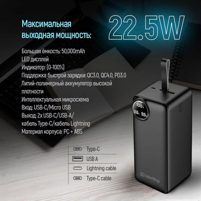 Універсальна мобільна батарея ColorWay LCD 50000mAh Black (CW-PB500LPA4BK-PDD)