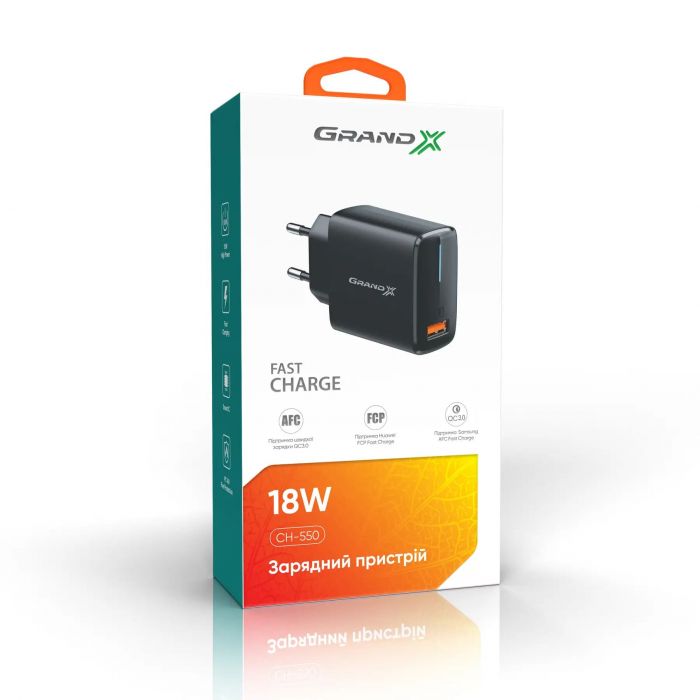 Мережевий зарядний пристрій Grand-X Quick Charge 3.0 (1xUSB 1.5-3A) Black (CH-550B)