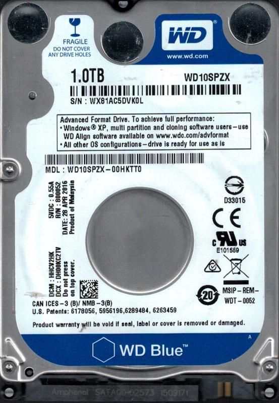 Накопичувач HDD 2.5" SATA 1.0TB WD Blue 5400rpm 128MB (WD10SPZX) Refurbished