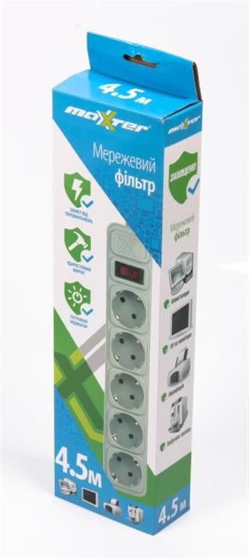 Фільтр живлення Maxxter 5 розеток 4.5м (SPM5-G-15G) сірий