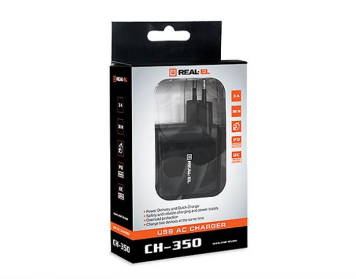 Мережевий зарядний пристрій REAL-EL CH-350 QC3.0 (2USB, 3A) Black