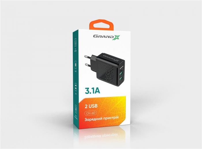 Мережевий зарядний пристрій Grand-X CH-60 (2xUSB 3.1А) Black