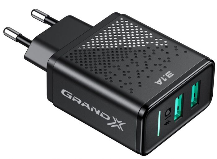 Мережевий зарядний пристрій Grand-X (2xUSB 3.1А) Black (CH-60)