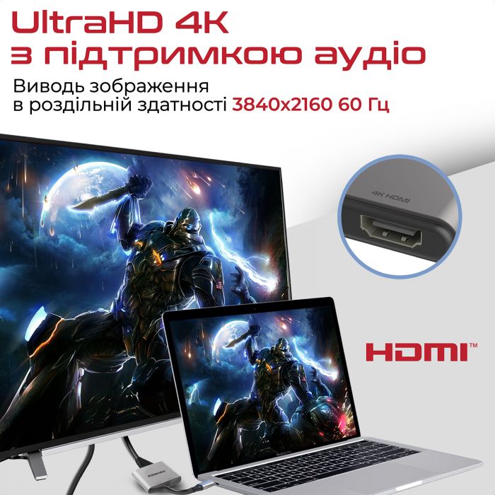 Адаптер Promate MediaLink-H2 USB Type-C - 2xHDMI (M/F) Grey