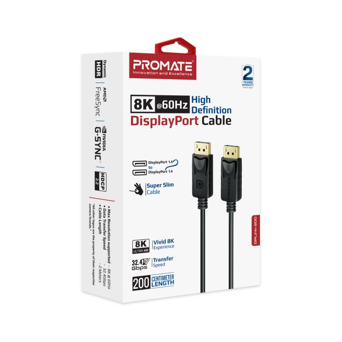Кабель Promate DPLink-200 DisplayPort - DisplayPort V 1.4 (M/M), 2 м, Black