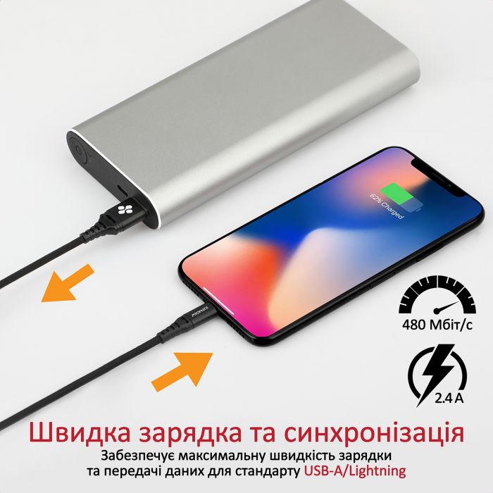 Кабель Promate USB - Lightning (M/M), 2.4 A, 1.2 м, NerveLink-i Black (nervelink-i.black)