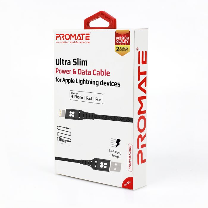 Кабель Promate USB - Lightning (M/M), 2.4 A, 1.2 м, NerveLink-i Black (nervelink-i.black)