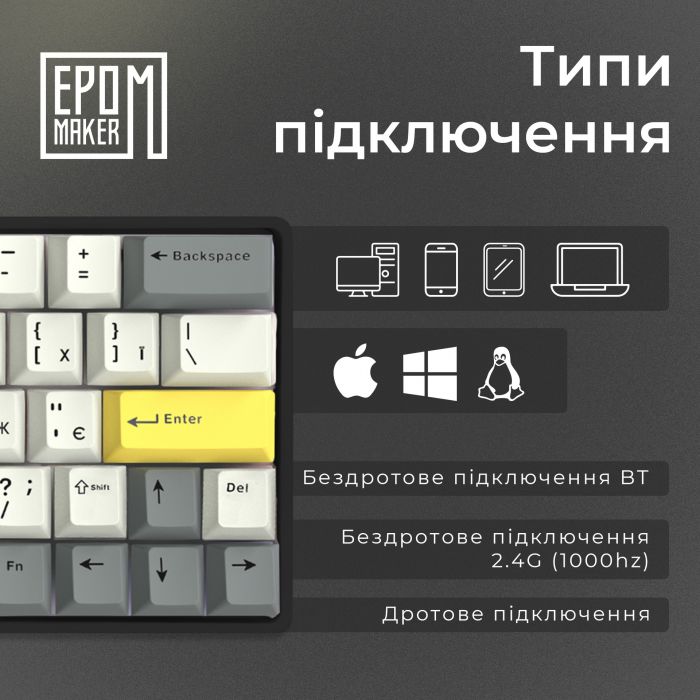 Клавіатура бездротова Epomaker EP64 60% Mulan Switch Hot-Swap (2.4G/BT/USB) RGB UA Black (EP64-B-M)