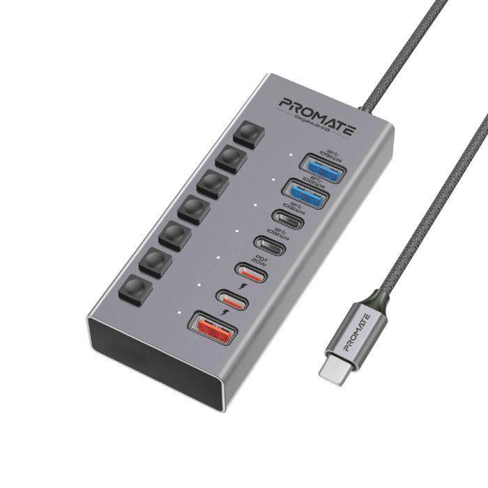 Концентратор USB Type-C Promate Gegahub-10G 7 in 1 Grey