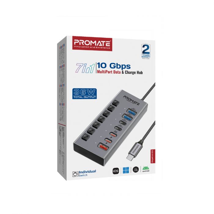Концентратор USB Type-C Promate Gegahub-10G 7 in 1 Grey