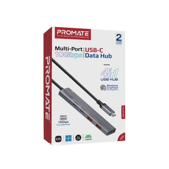 Концентратор USB Type-C Promate LiteHub-Pro 4 in 1 Grey