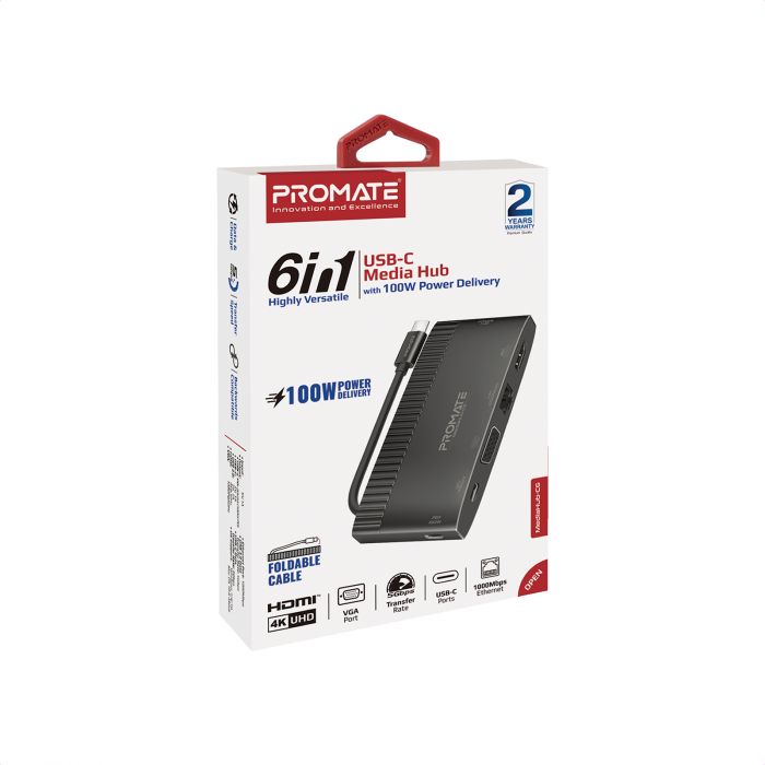 Концентратор USB Type-C Promate MediaHub-C6 6 in 1 Black