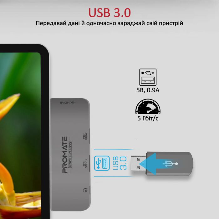 Концентратор USB Type-C Promate PadHub-Pro 4 in 1 Grey