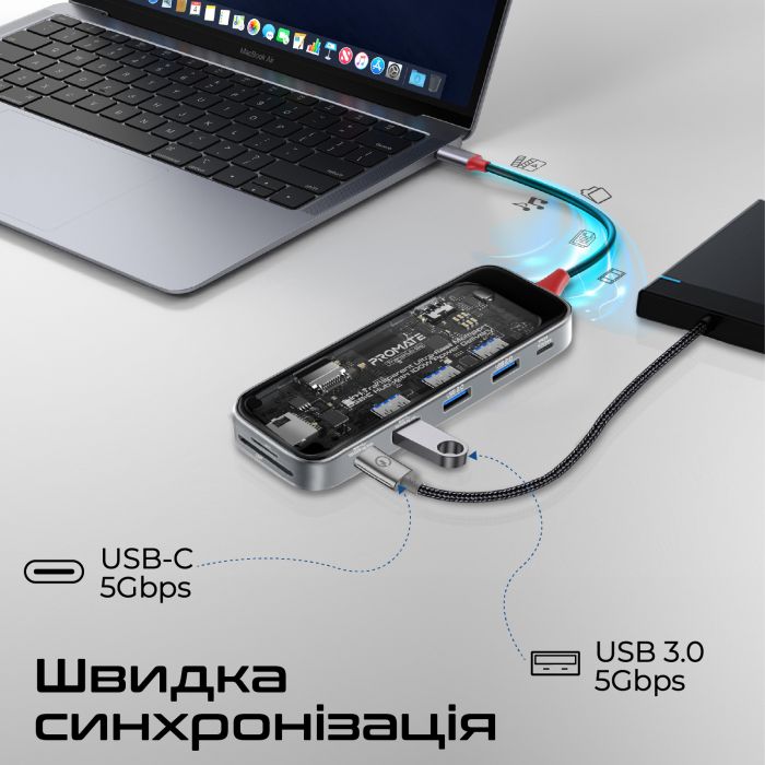 Концентратор USB Type-C Promate TransHub-Go 9 in 1 Grey