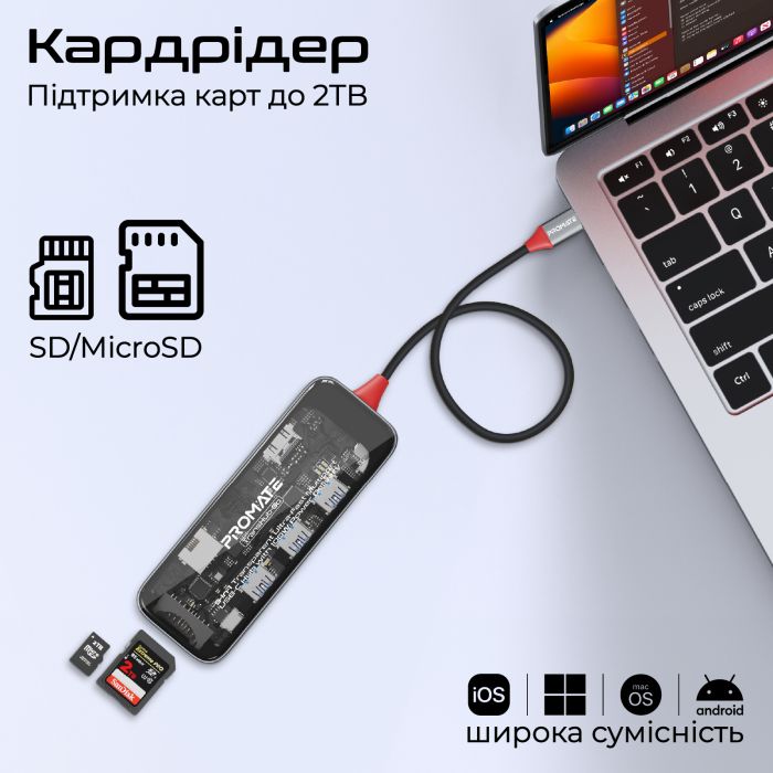 Концентратор USB Type-C Promate TransHub-Go 9 in 1 Grey