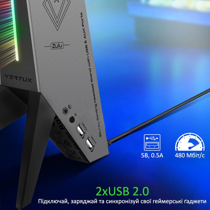 Підставка для навушників Vertux Zulu 2xUSB 2.0 / Mini Jack 3.5 мм Black (zulu.black)