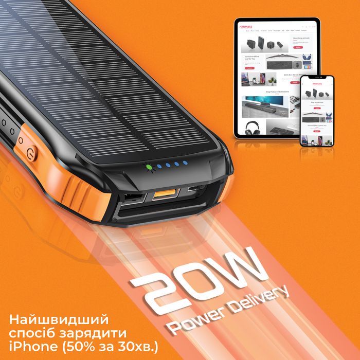 Універсальна мобільна батарея Promate SolarTank-10PDQi 10000mAh 20W Black (solartank-10pdqi.black)