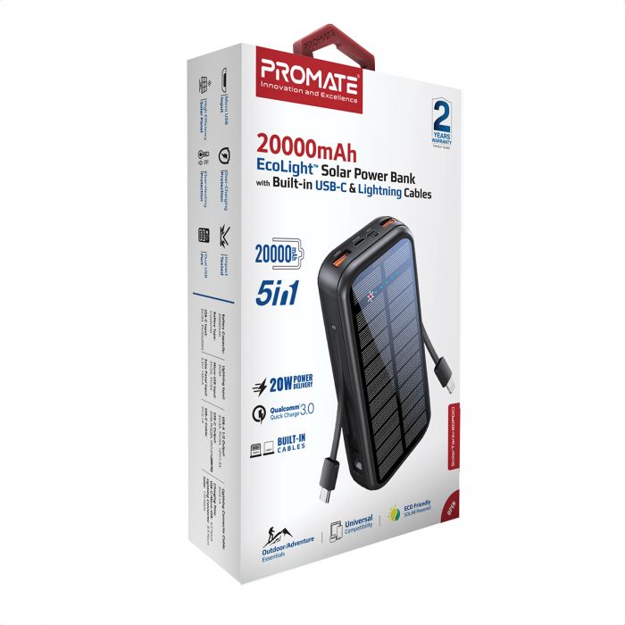 Універсальна мобільна батарея Promate SolarTank-20PDQi 20000mAh 20W Black (solartank-20pdci.black)